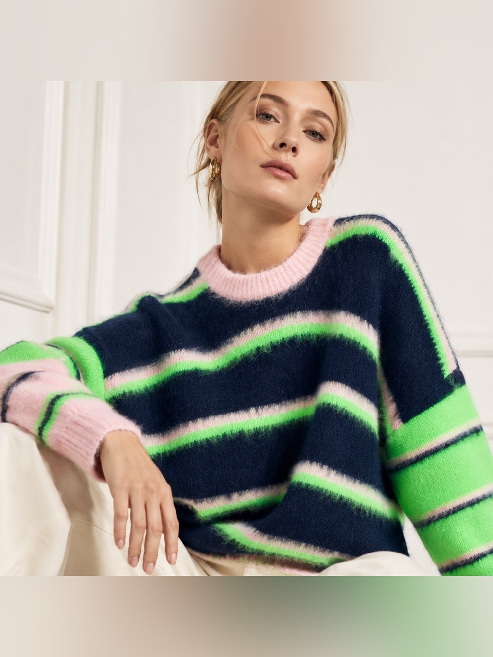 STINE GOYA Navy Fuzzy Stripe Sweater with Pink & Green